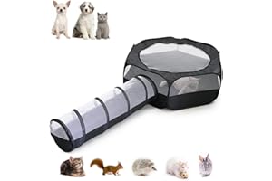 CSENASON Cat Furniture Tent for Indoor and Outdoor Playpen Portable Cat Tunnels, Outdoor Kennel (Hexagon + Tunnel) with Top Cover Anti Escape for Cat, Rabbit, Hamster, Hedgehog