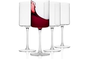 Sipour Copas de Vino Cuadradas con Tallo (40 cl) – Juego de 4 Copas de Vino de Cristal – Elegantes y Modernas Copas de Vino para Fiestas – Copas de Cristal Sin Plomo Sopladas a Mano
