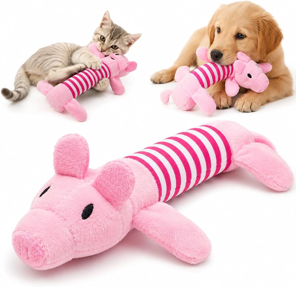 SOGUD Peluş Domuzcuk Kedi Köpek Oyuncağı - Isırınca Ses Çıkaran İnteraktif Oyun Arkadaşı - Yumuşak Dokulu Çizgili Tasarım - Yavru ve Yetişkin Evcil Hayvanlar İçin - 25 x 10 x 4 cm - Pembe