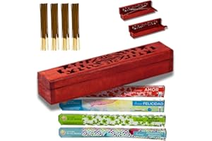 ESTHELAR SELECT Porta Incienso Artesanal para Varillas y Conos + 80 Inciensos 4 Fragancias Exclusivas: Felicidad, Buena Fortuna, Pensamiento Positivo y Amor - Quemador de Incienso/Incensario de Madera Decorada