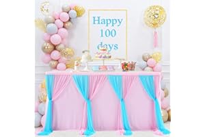 SHININGLOVE Pink Blue Tulle Table Skirt,Decorative Tablecloth Table Covers for Wedding Birthday Party Baby Shower Gender Reveal Party Candlelight Dinners Cake Dessert Buffet Banquet Table Decor 14FT/75 x 426cm