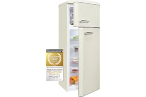 Exquisit® Frigorífico Vertical Retro, 206L, Clase E, Color Magnolia Blanca, 2 Puertas, Estantes de Cristal, Cajón Verdulero, Ajuste de Altura, Consumo 180 kWh/año, Medidas 146,5x54,5x57,5 Cm.
