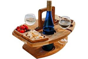 Eastuy Tragbares Zusammenklappbares Wein-Picknickregal, Holz-Wein-Picknicktische Für Den Außenbereich, Snack-Käse-Tablett Mit 2 Weinglashaltern, Outdoor-Picknicktisch Für Hinterhof-Camping-Strand