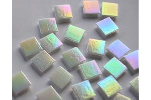 BAZARE MASUD E.K. 50 Stück Glas Mosaiksteine Weiß 2x2cm mit Regenbogenschimmer ca. 145g, Perlmutt Effekt
