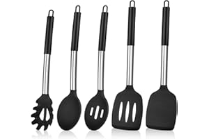Herogo Kitchen Utensils Set, 5 Pieces Silicone Cooking Utensil with Stainless Steel Handle, Heat Resistant Kitchen Cooking Tools Turner Spoon Spatula for Nonstick Cookware Pan – Black