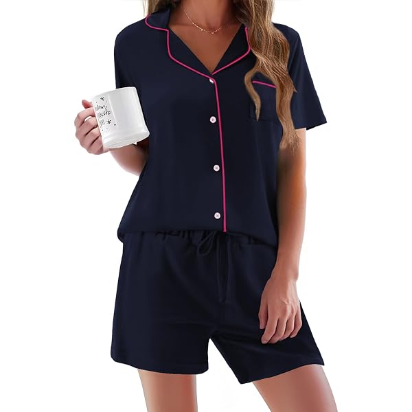 Ekouaer Pyjama Femme Été 2 Pièces Short Et Haut Manches Courtes Col Rond Avec Poches S-XXL