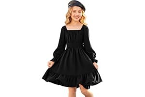 Qiraoxy Girls Dress Long Sleeve Swing Dress Casual Square Neck A-Line Skater Dress Party Dresses Elegant Dresses Wedding School Clothes for Kids Girls 5-12 Years