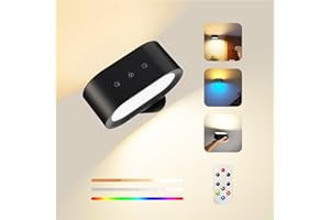 FEALLIVE Wall Lights Indoor, Wall Lamp with Remote Control 7 RGB Ambiance Light with Battery Touch Control 15 Lighting Modes 4 Dimming Levels, 1-Hour Timer Function 360° Rotatable Up and Down Light
