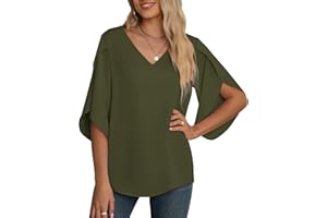 Yommay Women's Chiffon Blouse Ladies Tops Elegant Casual Loose 3/4 Ruffled Split Sleeve V Neck Summer Blouse T Shirts
