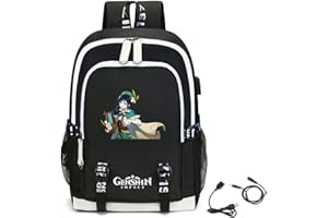 LKY STAR Genshin Impact Laptop-Rucksack für Jungen Mädchen, Schulrucksack mit USB-Ladeanschluss, Daypack mit 14 Zoll Laptopfach für Schule Arbeit Reisen