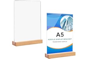 THIREI Acryl Aufsteller, 2 Stück A5 Tischaufsteller, Tischaufsteller Aufsteller, T Form Tischaufsteller, Dualer Kartensteckplatz Plakatständer, Schildhalter mit Holz Sockelboden, für Restaurant, Laden