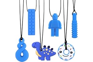 ORUZA 6 PCS Sensory Chew Necklace, Chew Toys Food Grade Silicone for Autistic Children, Teething, Anxiety, Biting Needs, ADHD, Oral Motor Chewy with Adjustable Buckle for Baby Boys Girls (Blue)