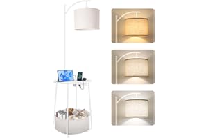 OUTON Floor Lamp with Round Table, Bed Side Table with Charging Station, 2 USB Ports, Storage Basket, 3 Color Temperatures, Wooden Metal Nightstand, End Table for Living Room, Bedroom, White