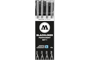 Molotow Blackliner Lot de 4 stylos à pointe fine avec encre permanente indélébile, étui, épaisseur de trait 0,05 à 0,4 mm, noirs