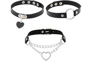 HPAMBA Collana in Pelle PU Collana Girocollo Punk da Donna Collana Girocollo Gotica con Catena Collana Girocollo in Lega Regolabile Collana Girocollo con Cuore e Cerchio per Concerti e Feste 3 Pezzi (Nero)