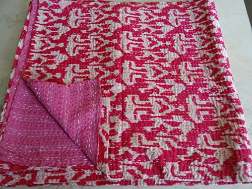 Tribal Asian TextilesIKAT Print King Size Kantha Quilt, Kantha Blanket, Bed Cover, King Kantha bedspread, Bohemian Bedding Kantha Size 90 Inch x 108 Inch 04