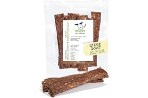 ROQSY Natur-Dörrfleisch 100% Ziege – Getreidefrei, Kauartikel, Trockenfleisch, Leckerli für Hunde, Idealer Snack für Welpen, Kaustreifen, Barf-fähig, Jerky – 100g