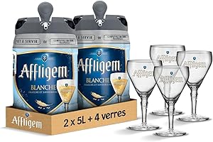 Affligem - Pack de 2 Fûts 5L + 4 Verres - Bière d'Abbaye Affligem Blanche 4,8° - Compatible Tireuse BeerTender, Utilisable sans Machine à Bière - Idée Cadeau