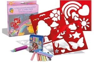 PUSTEFIX Malefix Street Lot de pochoirs à craie licorne – 3 pochoirs, 18 craies en 9 couleurs, 1 support de craie – Conjurez des illustrations de licorne dans la ferme, le jardin et l'asphalte – Pour des