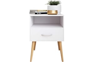BELIWIN Bedside Table White with 1 Drawer 1 Open Shelf for Bedroom, Wooden Bedside Storage Cabinet, 42 x 40 x 56 cm Small Nightstand(White)