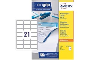 Avery Multipurpose Labels, Customisable, 63.5 x 38.1 mm, White, 21 per Sheet, 840 Blank Labels per Pack, 40 Sheets Blank Printer Label Sheet. (MP7160-40)