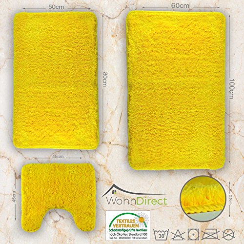 Designer Badematten 3er SPAR-SET | 3 x Flauschige Badvorleger 45 x 45 cm + 50 x 80 cm + 60 x 100 cm | Rutschfest & Waschbar | Geeignet für Fußbodenheizung & Badezimmer | Gelb | – MIT WC-AUSSCHNITT - 5