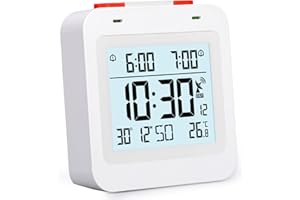 VINILITE Cyfrowy budzik radiowy z wyświetlaczem temperatury, wiele czasów budzenia, zegar radiowy, cyfrowy budzik podróżny, mały, budzik zasilany bateriami
