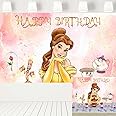 Princess Belle Birthday Backdrop Decorations Glitter Rose Gold Photo Background Vintage Banner for Cake Table Girls Party Supplies 5x3 ft 510