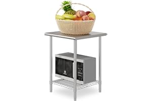 FIDOOVIVIA Kitchen Prep Table, Food Prep Worktable, 60 x 60 x 80cm 2-Tiers Stainless Steel Tables Catering Kitchen Island Table Silvery with Adjustable Wire Undershelf for Commercial Home Restaurant