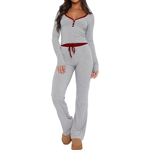 LACOZY Set pigiama da donna a maniche lunghe, 2 pezzi, top corto e