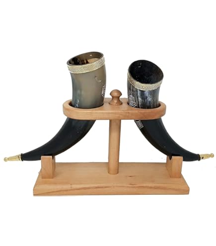 Handicrafts Home Corne à Boire En Corne De Bœuf Véritable Avec Support Fait à La Main Verre à Bière Gobelet à Vin En Malt (14 Pouces, Tarière Minuit