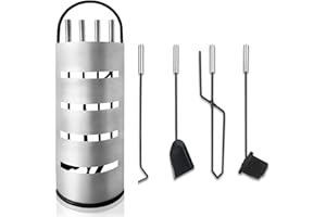 Froadp 5 pezzi Attrezzi per Camino in Acciaio Inossidabile Strumenti per Caminetti include Spazzole, Pinza, Ganci, Paletta e Supporto Stufa a Legna Set di Utensili Caminetto per Cucina Casa (Argento)