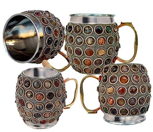 Rastogi HandicraftsStainless Steel Beer, Vodka, Wine, Cocktail, Mocktail, Juice, Cold Drink Mug -Cup (4) Ornate with Agate Full Usable Washable, Good Friday & Easter Sunday Gift