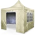 3m x 3m Waterproof Premium Deluxe Commercial Pop Up Gazebo with Zipped Removeable Sides - Heavy Duty Outdoor Garden Shelter Marque - PVC Coated - Travel Bag & 4 Leg Weight Bags (Beige)
