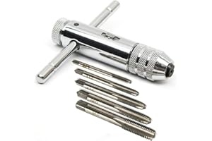 Deolven T-Handle Ratchet Tap Holder Wrench,Adjustable HSS T-Shaped/T Type One-Hand Tap and Die Set Tapping Threading Tool with 5 Pack Hand Thread Screw Tap M3-M8 3mm-8mm