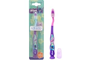 MR WHITE Disney Stitch Little Teeth - Cepillo de dientes para niños con tapa de protección, cerdas redondeadas suaves, agarre cómodo y ventosa para almacenamiento vertical para niños a partir de 3 años