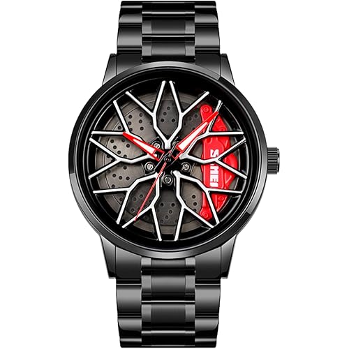 Skmei New Car Wheel Watch with Rolling Creative Fashion Analog Watch, Black Dial Zink Alloy Case Men\'s Watch, Stainless Steel Black Color Band, Quartz Movement, Water & Scratch-Resistant-1990