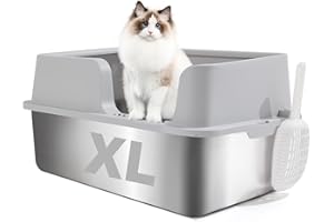 FURRYPAWS XL Stainless Steel Cat Litter Tray, Easy to Clean and Leak-Proof Stainless Steel Litter Box, 20L Large Cat Litter Trays with Litter Scoop (61x41x30cm)