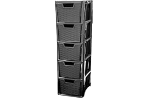 KYY'Z Rattan Effect 3 Drawer Plastic Storage Organizer- Multipurpose Storage Drawer Unit Home Kitchen Office School Garage Bedroom Bathroom Stationery Toys 25Dx19Wx 48Hcm (Black, 5 Tier)