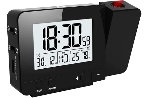VorRINC Projektionsväckarklocka digital klocka med USB-port, inomhustemperaturvisning och datumvisning, 4 ljusstyrkor, dubbla larm, kalender, för hemmakontoret, barnrum