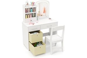 Maxmass Kids Vanity Table and Chair Set, Children Dressing Tables with 2-Color LED Lighted Mirror, Drawers, Storage Shelves, Removable Bins, Girls Make up Desk Princess Pretend Dresser Table (White)