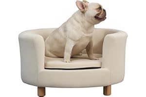 PawHut Divano per Cani Imbottito con Schienale e Cuscino Rimovibile, Cuccia per Gatto da Interno, 65x64x37 cm, Crema