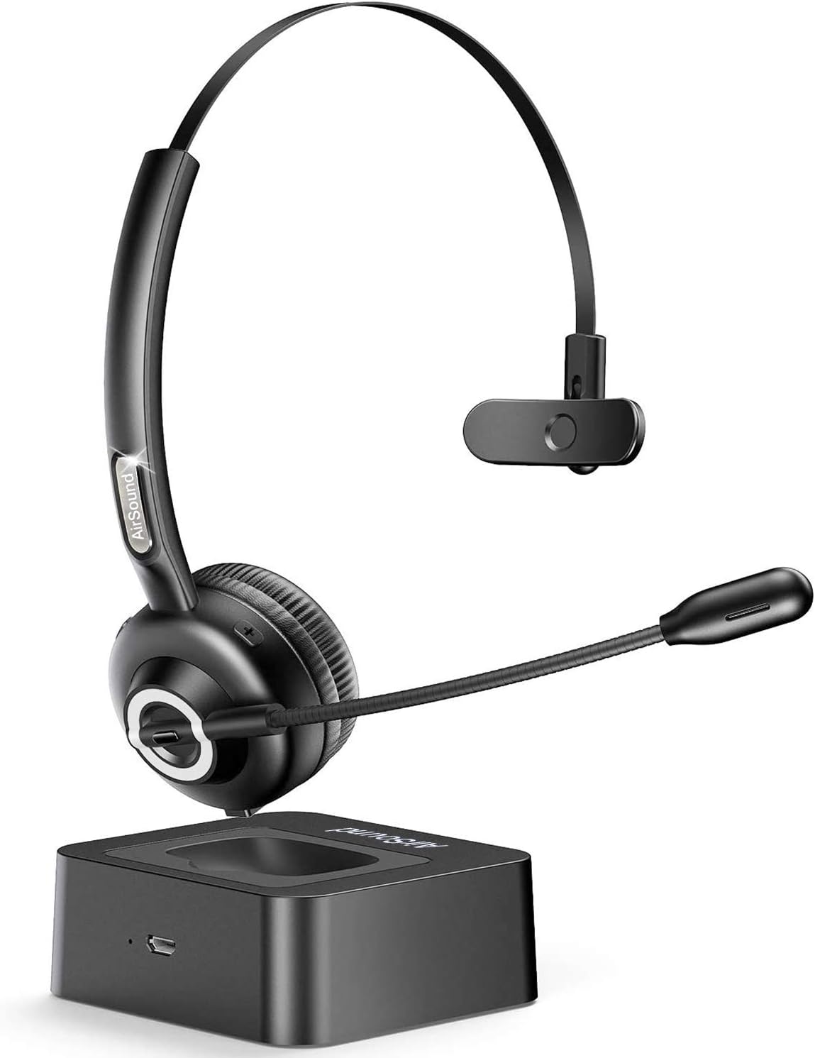 AirSound M97 Pro [Upgraded] Bluetooth V5.0 Wireless Headset for Conference Calls, 17 Hr Talk Time, CVC 8.0 Noise-Cancelling On-Ear Headphones with Microphone Charging Dock for PC Android.