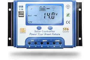 SolaMr 20A Régulateur de Charge Solaire 12V/24V Contrôleur de Charge Solaire avec Écran LCD et Double Port USB pour Batterie de Panneaux Solaires - ST6-20A