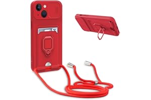 YFSYLL Handykette Schutzhülle kompatibel mit iPhone 13 Handyhülle mit Band,Silikon Handyhülle Case mit Schiebe Kameraschutz,360 Grad Ringhalter Stand,Kartenfach,Rot