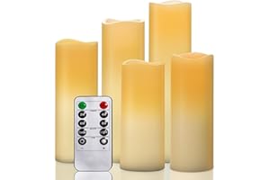YIWER Bougies LED sans flamme Piles Bougie: Lampes à colonne de cire véritable avec télécommande Faux scintillement électrique pour la décoration de Noël, mariage（ivoire, 5)