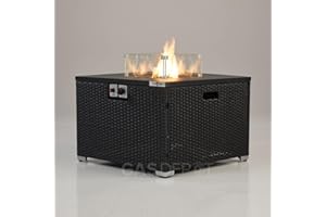 REALGLOW Warmpact Rattan Table Gas Fire Pit in Black - 13KW Square Propane Gas Fire Pit w/Removable Glass Wind Guard, Lava Rock & Lid Cover - Coffee Table w/Heater for Garden, Deck, Outdoor Bars