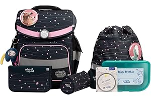 SCHOOL-MOOD Timeless Pro Schulranzenset 7-teilig 23,5L Stauraum, ergonomisches Easy Fit System für 1 m bis 1,50 m Körpergröße, standfest, wasserdichter Stoff mit Reflektoren (Ella Pferd)