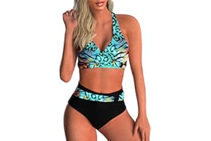 DURINM Maillot de Bain 2 Pièces Bikini Femme Chic Vintage Taille Haute Femmes Deux pièces Tankini Maillots de Bain Taille Haute Licou Vintage Bikini Ensemble Dames Maillots de Bain