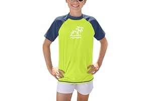 BesserBay Koszulka chłopięca Rashguard z krótkim rękawem koszulka do pływania Top ochrona UV UPF 50+ 110-160